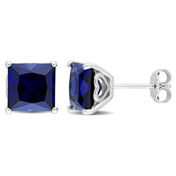 5 1/2 CT TGW Square Cut Created Blue Sapphire Stud Earrings in Sterling Silver