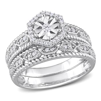 1/4 CT TW Diamond Hexagon Halo Bridal Ring Set in Sterling Silver
