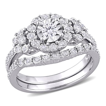 1/2 CT TW Diamond Halo Ring Set in Sterling Silver
