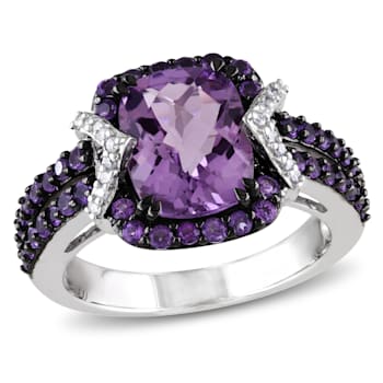3 1/3 CT TGW Amethyst and  1/10 CT TW Diamond Halo Ring in Sterling
Silver with Black Rhodium
