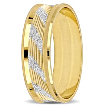 Men's 6mm Ribbed and Striped Curved Wedding Band in 14K Yellow Gold
