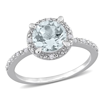 1 1/7 CT TGW Aquamarine and Diamond Accent Halo Ring in Sterling Silver
