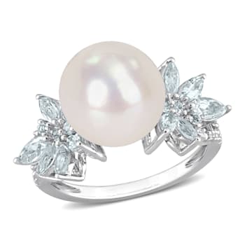11-12MM Freshwater Cultured Pearl, 1 1/5 CT TGW Aquamarine & Diamond
Ring in Sterling Silver