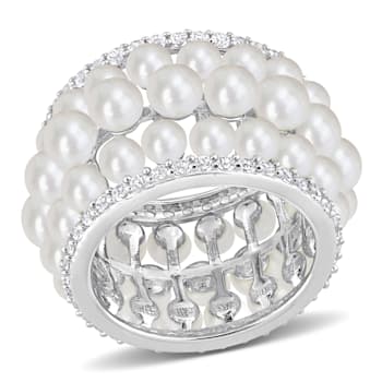 3-4MM Freshwater Cultured Pearl & 1 3/5 CT TGW Created White
Sapphire Ring in Sterling Silver