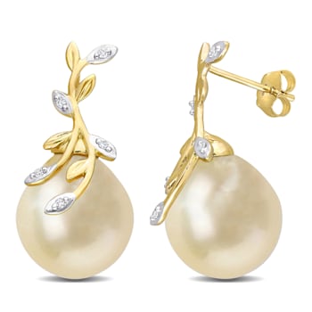 12-12.5MM Golden South Sea Cultured Pearl and Diamond Accent Earrings in
14K Yellow Gold