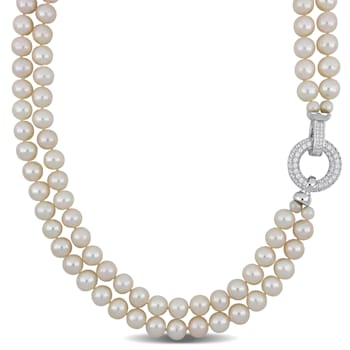 7-8 MM Freshwater Cultured Pearl 2-Strand Necklace with Cubic Zirconia
Sterling Silver Clasp