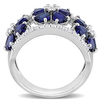 4 1/2 CT TGW Created Blue and White Sapphire Floral Ring in Sterling Silver