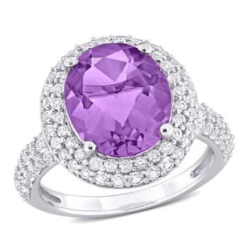 5 1/3 CT TGW Amethyst and White Topaz Double Halo Ring in Sterling Silver