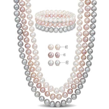 7.5-8MM Multi-Color Freshwater Cultured Pearls Necklace, Bracelet &
Earrings Set in Sterling Silver