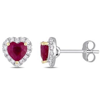 1 1/8 CT TGW Ruby and 1/3 CT TW Diamond Halo Stud Earrings in 14K White
Gold with Yellow Gold Prongs