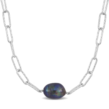11-12 MM Black Freshwater Cultured Pearl Oval Link Necklace in Sterling Silver