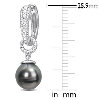 8-8.5MM Black Tahitian Cultured Pearl and Diamond Accent Drop Huggie
Earrings in Sterling Silver