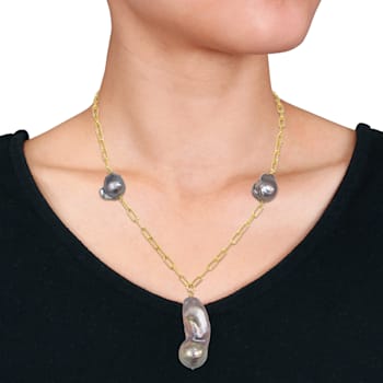 13-15 MM Grey Freshwater Cultured Pearl Oval Lariat Necklace in 18K
Yellow Gold Over Sterling Silver