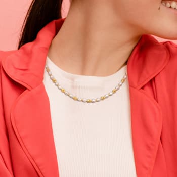 3.5-4MM Freshwater Cultured Pearl and Ball Bead Necklace in 14K Yellow
Gold Over Sterling Silver