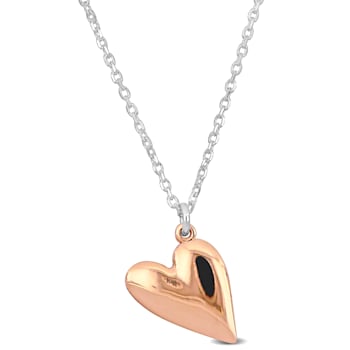 Pink Heart Charm with Cable Chain Necklace in 2-Tone Sterling Silver