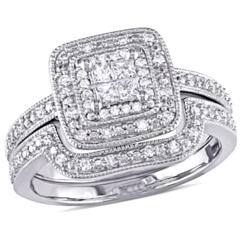 1/3 CT TW Princess Cut Quad and Round Diamond Bridal Set in Sterling Silver