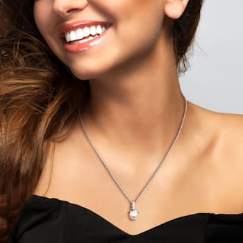 8-8.5MM Freshwater Cultured Pearl and Diamond Pendant with Chain in
Sterling Silver