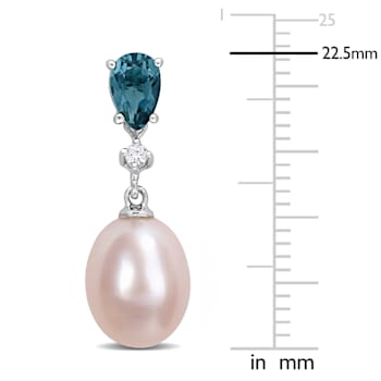 8-8.5MM Pink FW Cultured Pearl and 1 CT TGW London Blue Topaz, Diamond
Earrings in 10K White Gold