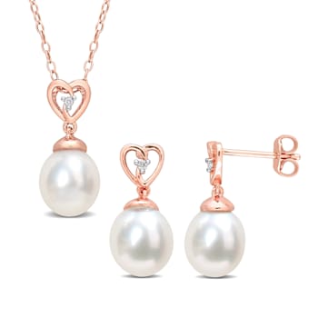 8-9MM South Sea Cultured Pearl & White Topaz Earrings and Pendant
Set in Rose Plated Sterling Silver