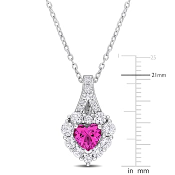 2 7/8 CT TGW Created Pink and White Sapphire Halo Heart Pendant With
Chain in Sterling Silver