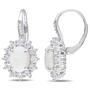 3 7/8 CT TGW Opal, White Topaz and Diamond Halo Leverback Earrings in
Sterling Silver