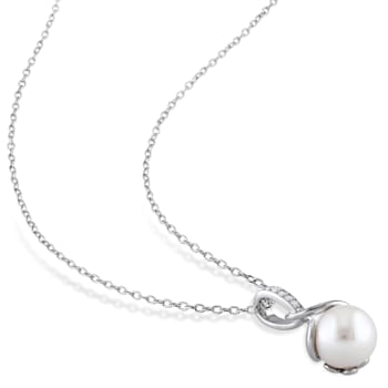8-8.5MM Freshwater Cultured Pearl and Diamond Pendant with Chain in
Sterling Silver