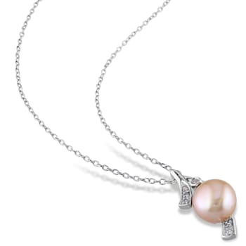 9-9.5MM Pink Freshwater Cultured Pearl and Diamond Pendant with Chain in
Sterling Silver