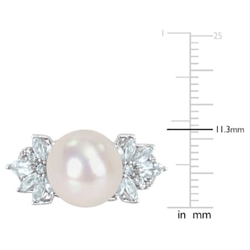 11-12MM Freshwater Cultured Pearl, 1 1/5 CT TGW Aquamarine & Diamond
Ring in Sterling Silver