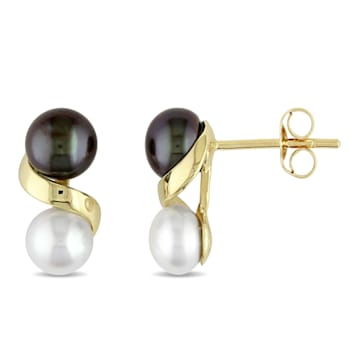5.5-6MM Black and White Freshwater Cultured Pearl Earrings in 10K Yellow Gold