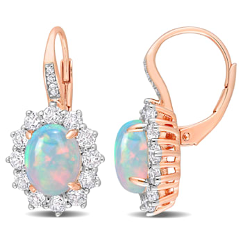 1 3/4 CT TGW Blue Ethiopian Opal, White Topaz with Diamond Earrings in
Rose Plated Sterling Silver