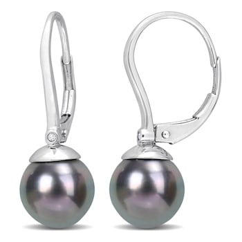 8-8.5MM Tahitian Cultured Pearl and Diamond Accent Earrings in 14K White Gold