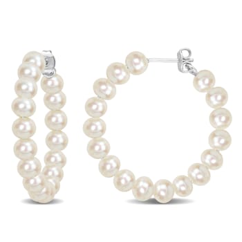 5-5.5MM Freshwater Cultured Pearl Hoop Earrings in Sterling Silver