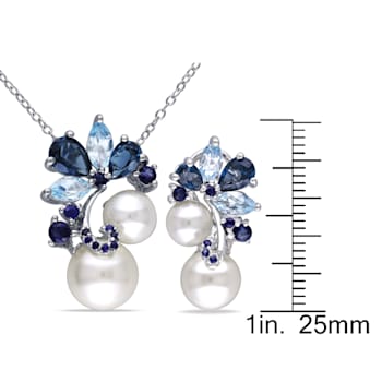 6-8.5MM Freshwater Cultured Pearl & Multi-gems Earrings and Pendant
with Chain in Sterling Silver