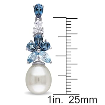 London, Sky Blue and White Topaz and 8.5-9MM White Cultured Pearl Drop
Earrings in Sterling Silver