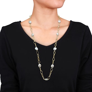 14-15 MM Freshwater Cultured Pearl Oval Link Necklace in 18K Yellow Gold
Over Sterling Silver