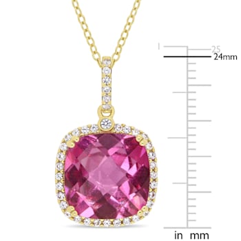 8 3/8 CT TGW Pink Topaz and White Sapphire Halo Pendant with Chain in
Yellow Plated Sterling Silver