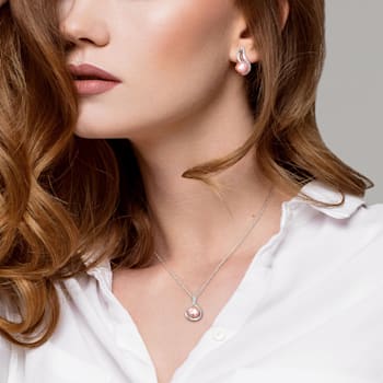 9-9.5MM Pink Freshwater Cultured Pearl & Diamond Earrings &
Pendant Set in Sterling Silver