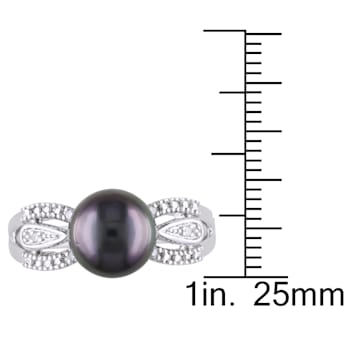 9-9.5MM Black Tahitian Pearl and Diamond Split Shank Ring in Sterling Silver