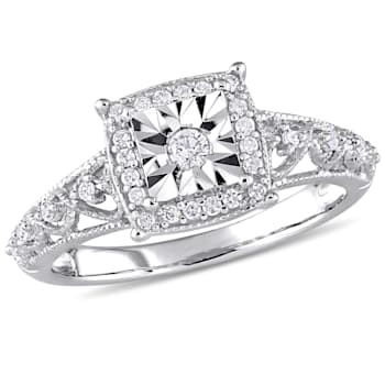 1/5 CT TW Diamond Square Halo Vintage Promise Ring in Sterling Silver