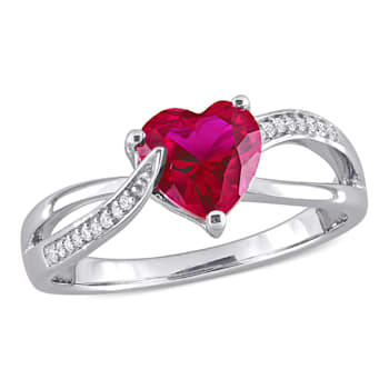 1 5/8 CT TGW Created Ruby and Diamond Accent Heart Ring in Sterling Silver