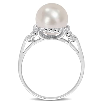 9-9.5MM Freshwater Cultured Pearl Rope Frame Ring in Sterling Silver