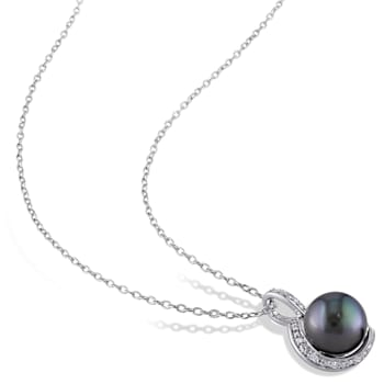9-9.5MM Black Tahitian Cultured Pearl and Diamond Pendant with Chain in
Sterling Silver
