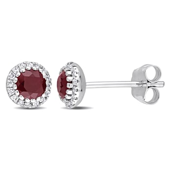 3/4 CT TGW Ruby and 1/8 CT TW Diamond Halo Stud Earrings in 14K White Gold