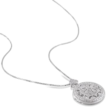 1/10 CT TW Diamond Floral Vintage Locket Pendant with Chain in Sterling Silver