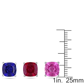 18  CT TGW Created Ruby, Created Blue and Pink Sapphire 3-Piece Set Stud
Earrings in Sterling Silver