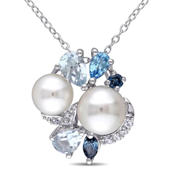 6.5-8MM Freshwater Cultured Pearl and Multi-color Topaz Cluster Pendant
in Sterling Silver