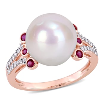 1/5 CT TGW Ruby, 11-12MM Freshwater Cultured Pearl and 1/7 CT TW Diamond
Ring in 10K Rose Gold