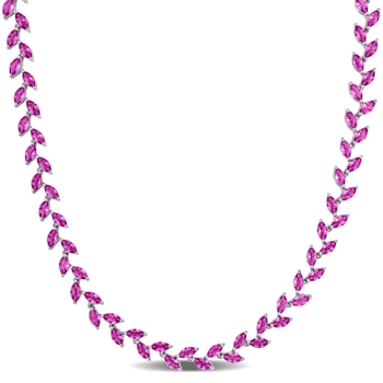 29 1/2 CT TGW Created Pink Sapphire Leaf Necklace in Sterling Silver