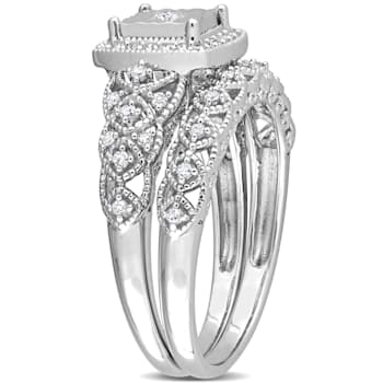 1/3 CT TW Diamond Square Halo Bridal Ring Set in Sterling Silver