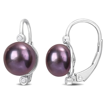 8-8.5MM Black Freshwater Cultured Pearl and Diamond Accent Leverback
Earrings in Sterling Silver
